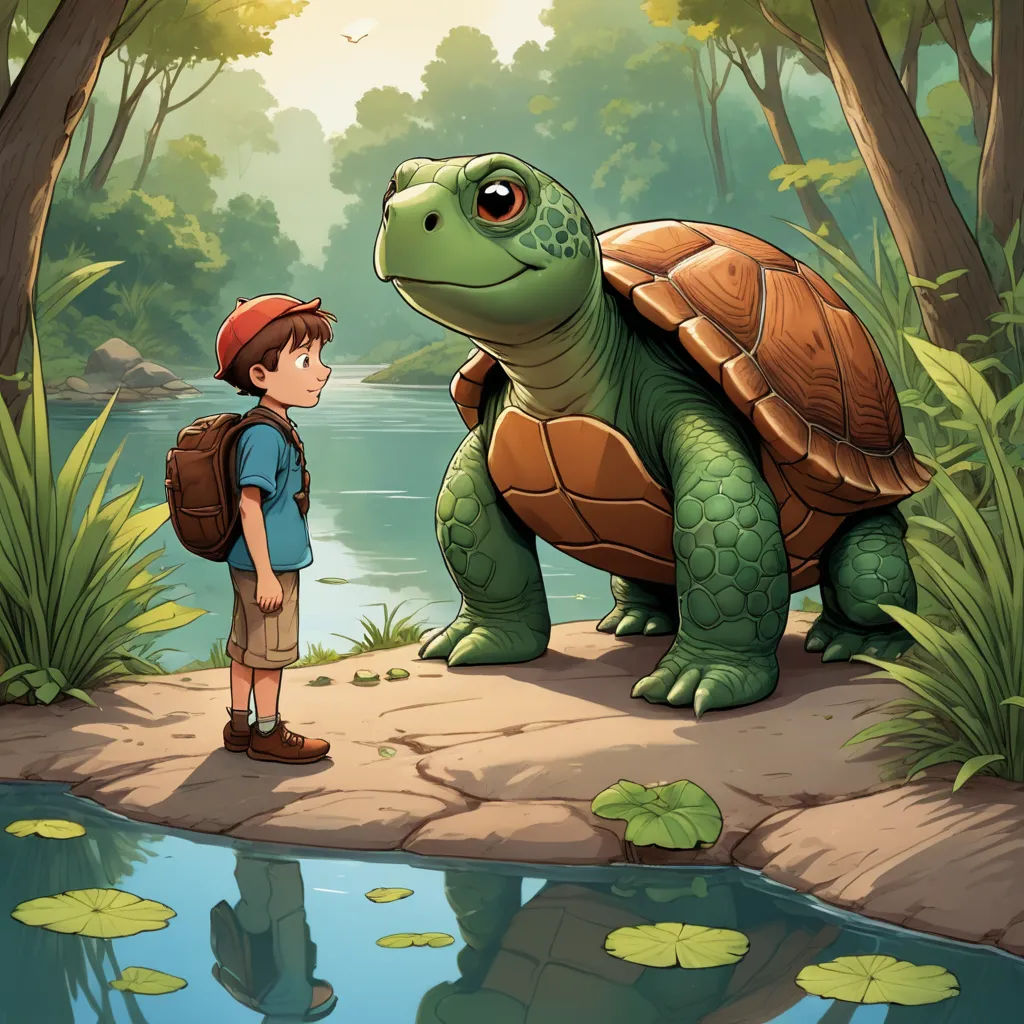 a boy standing next to a turtle in a forest near a lake with lily pads on the ground and a forest with trees and water, sots art, a storybook illustration, Diego Gisbert Llorens, storybook illustration