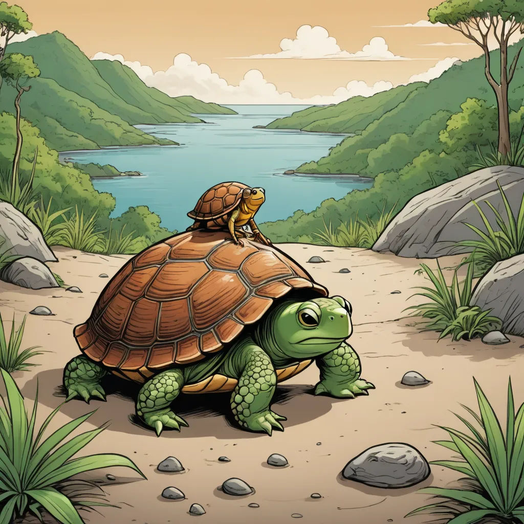 a turtle and a lizard on a path near a river and mountains illustration by alex krawczyzka, fantasy art, a storybook illustration, Chris LaBrooy, storybook illustration