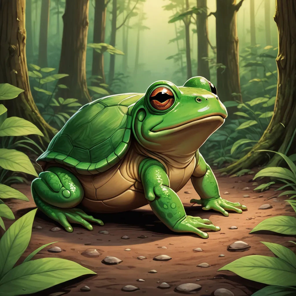 a frog sitting on a dirt path in a forest with green leaves and a sunbeam in the background, sots art, a character portrait, Andries Stock, magic the gathering artwork