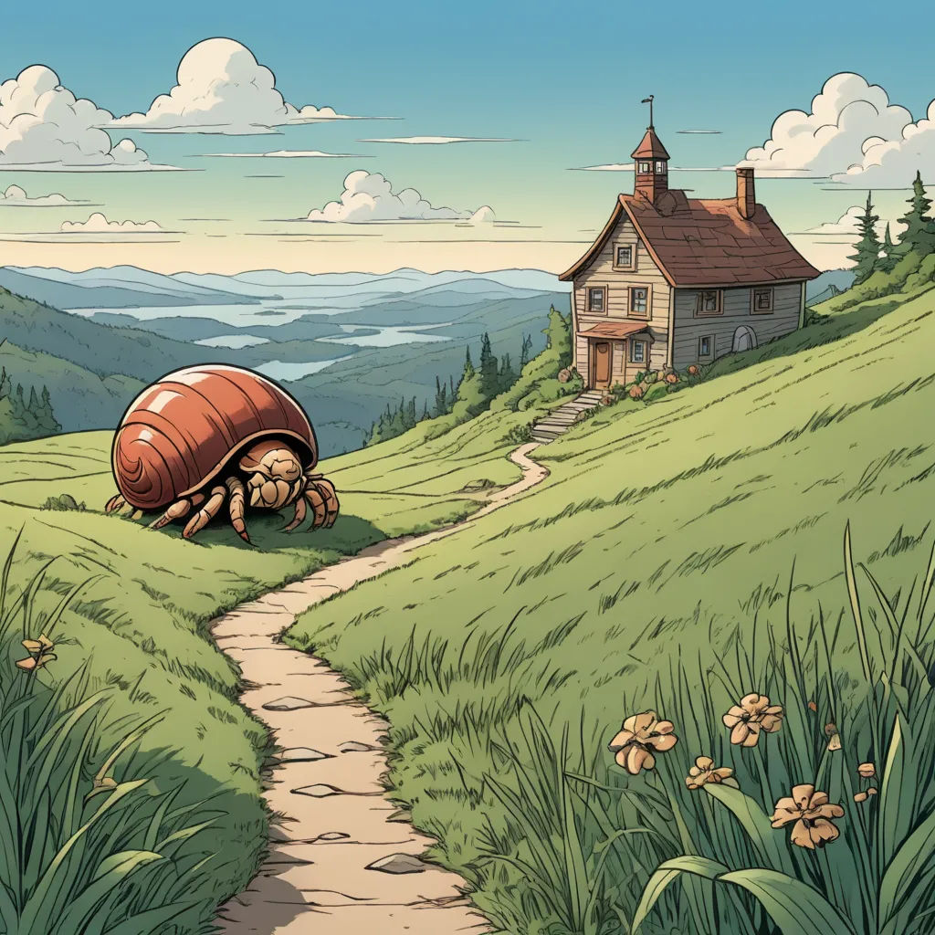 a cartoon of a house on a hill with a barrel in the grass and a path leading to it, fantasy art, a storybook illustration, Chris LaBrooy, storybook illustration