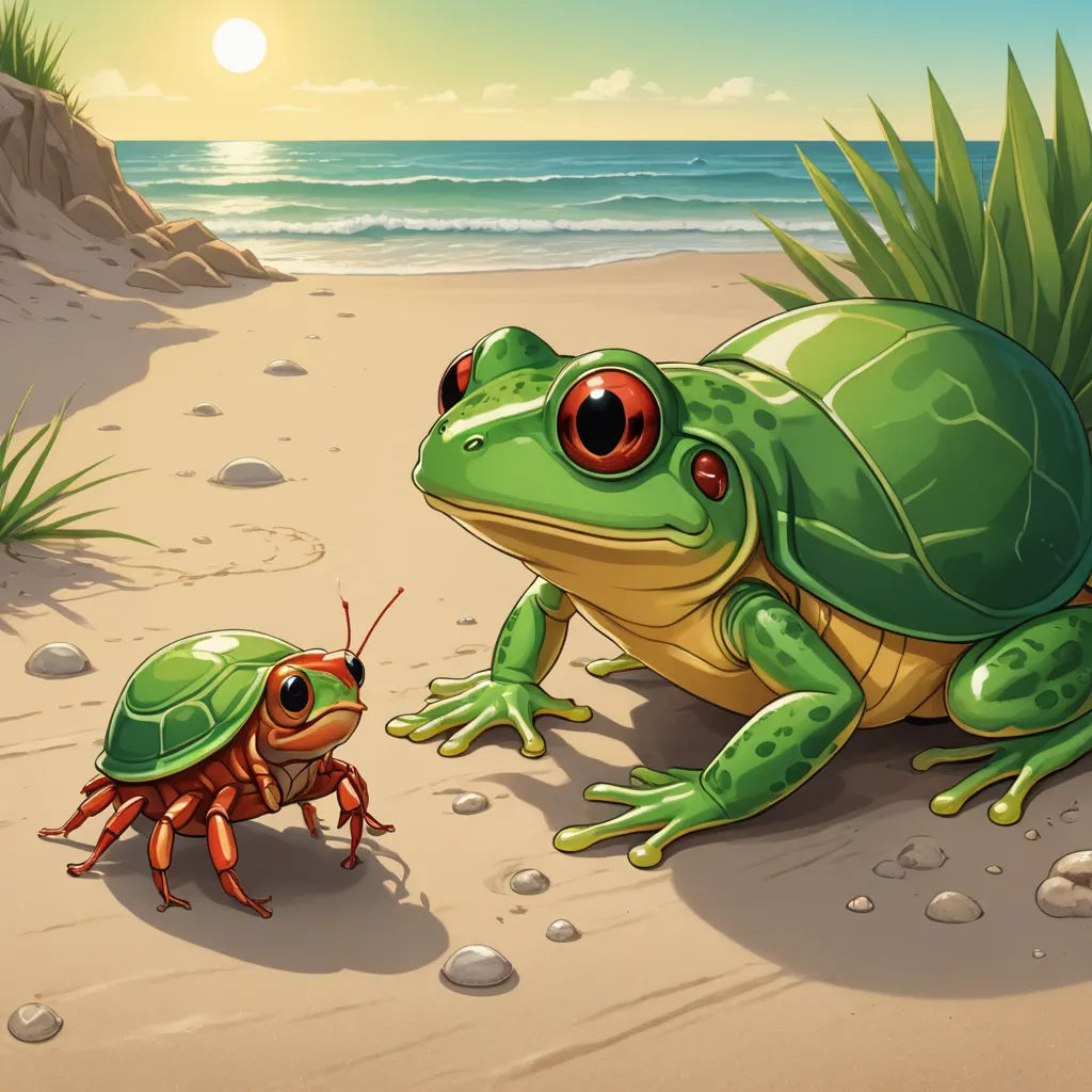 a frog and a crab on a beach near the ocean illustration by alex krawchitter for the children's book, the story about the frog and the turtle, sots art, a storybook illustration, Craola, official art