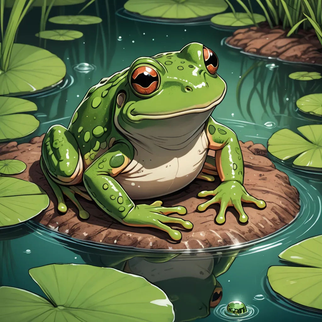 a frog sitting on a rock in a pond of water lilies and lily pads with lily pads around it, fantasy art, a storybook illustration, Andries Stock, highly detailed digital painting