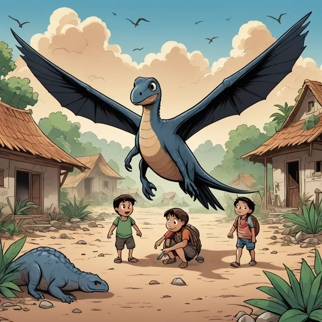 a cartoon of a blue bird flying over a group of kids in a village with a dinosaur and a man, primitivism, a storybook illustration, Adam Rex, comic cover art