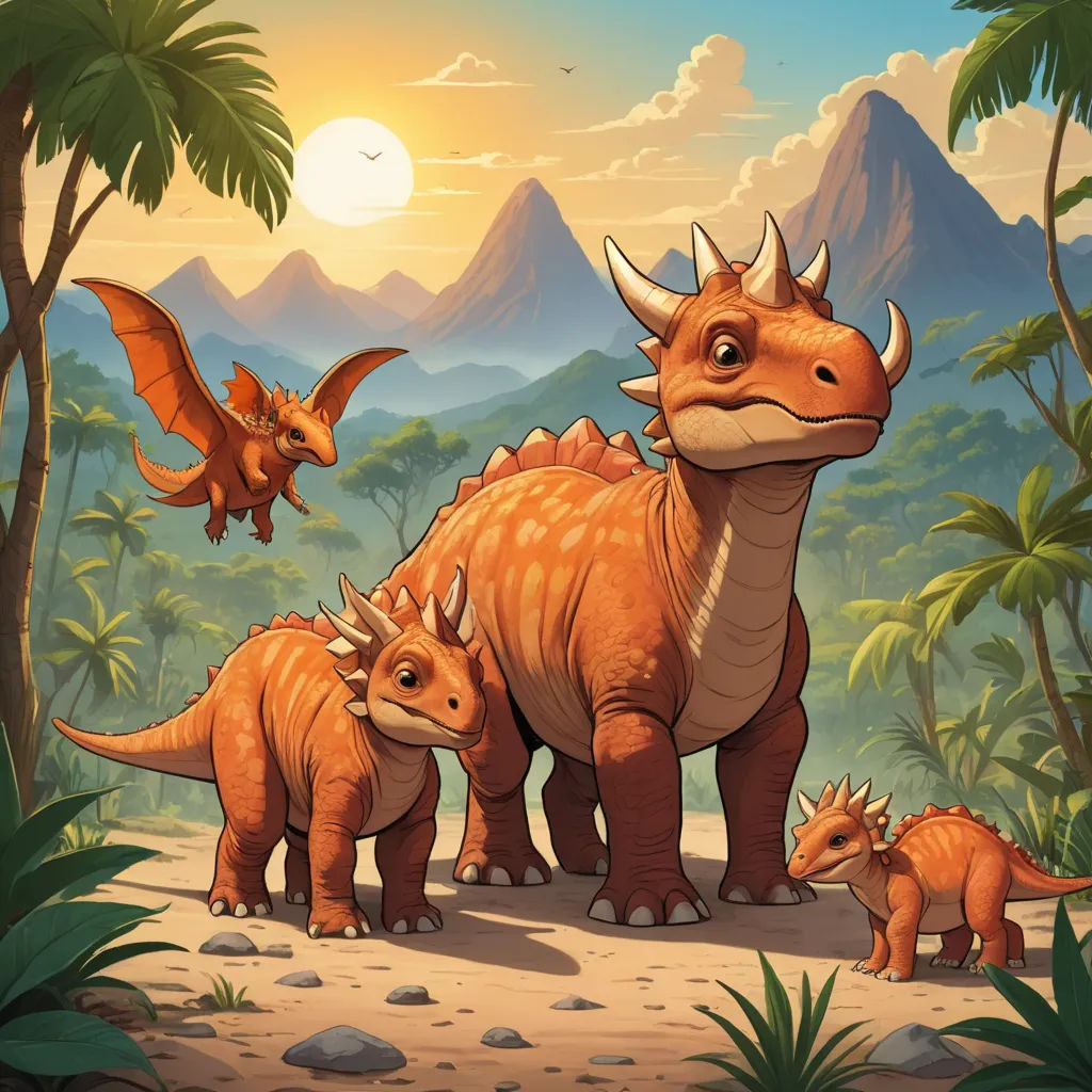 a group of dinosaurs in a jungle setting with mountains in the background and trees and bushes around them,, sumatraism, concept art, Adam Rex, official art