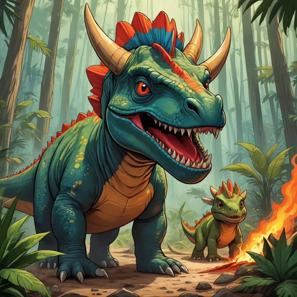 a dinosaur and a dinosaur in the jungle with fire coming out of its mouth and a fire coming out of its mouth, altermodern, concept art, Adam Rex, magic the gathering artwork