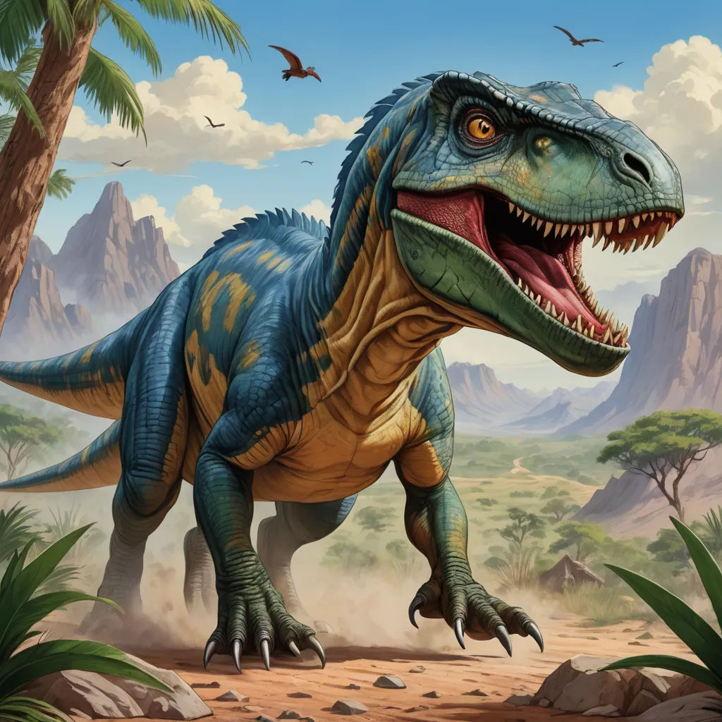 a dinosaur with a large mouth and sharp teeth in a desert landscape with palm trees and mountains in the background, altermodern, concept art, Adam Rex, magic the gathering artwork