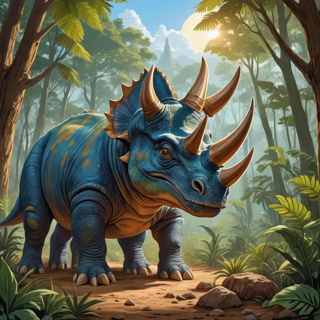 a blue triloon in a forest with trees and rocks on the ground and a sun shining on the ground, altermodern, concept art, Adam Rex, magic the gathering artwork