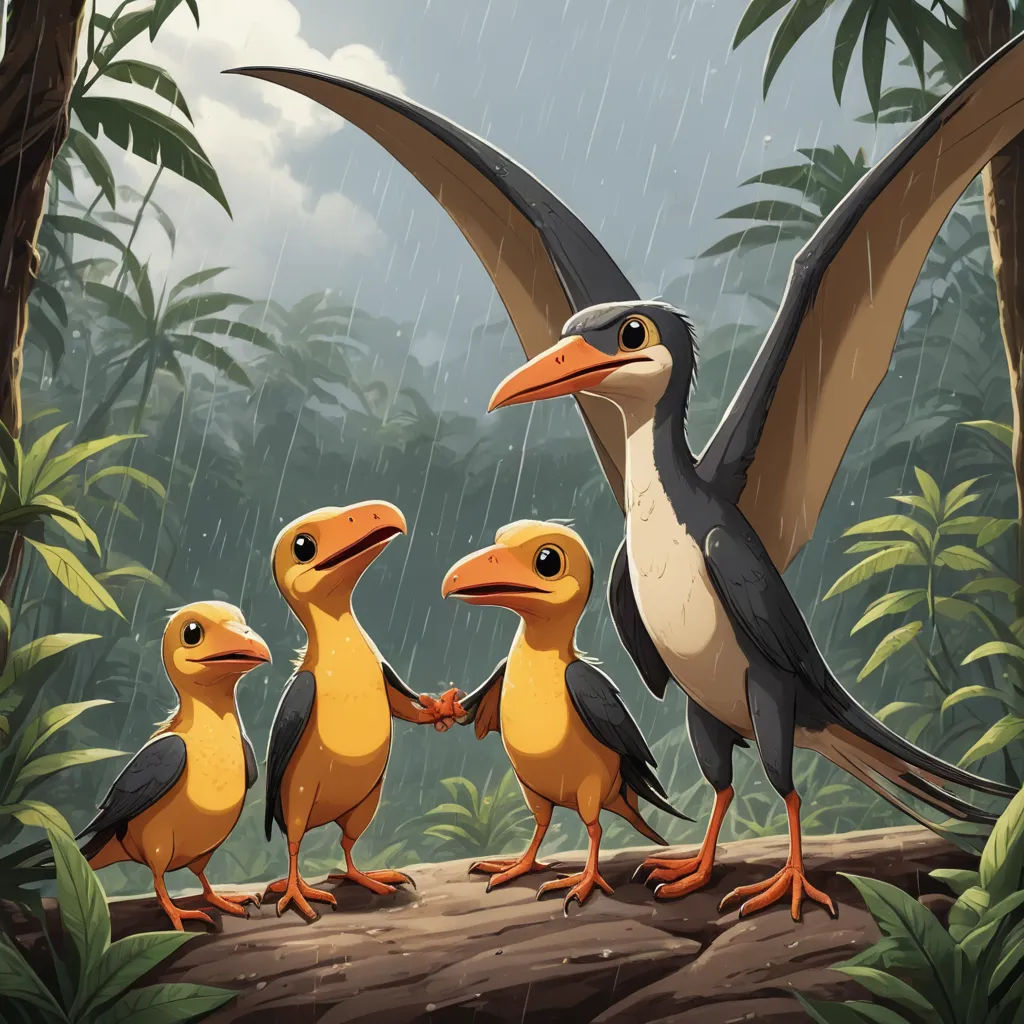 a group of birds standing on a log in the rain with wings outstretched and feet spread out, with a forest background, serial art, concept art, Adam Rex, official art