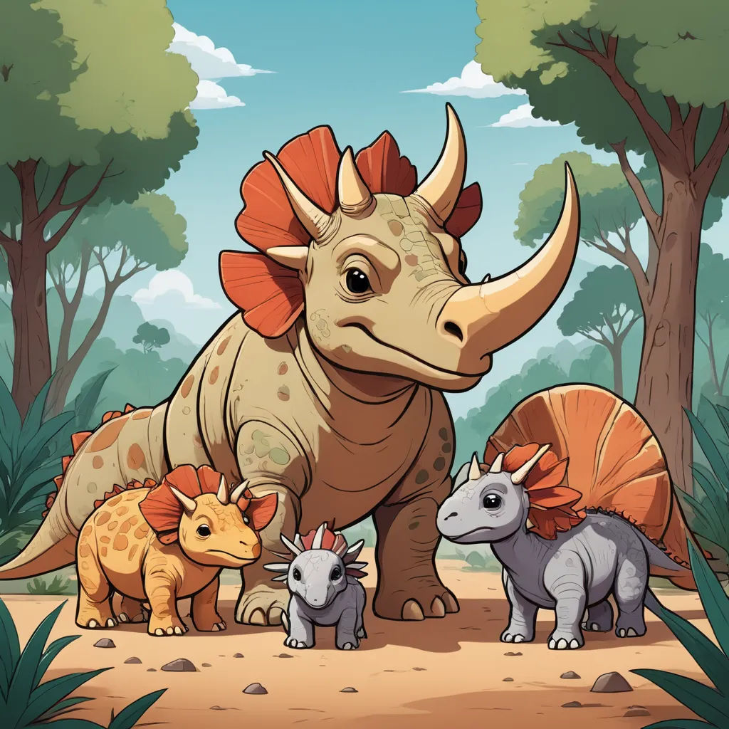 a group of dinosaurs standing in the dirt near trees and bushes with a sky background and clouds in the background, lyco art, a storybook illustration, Adam Rex, game art