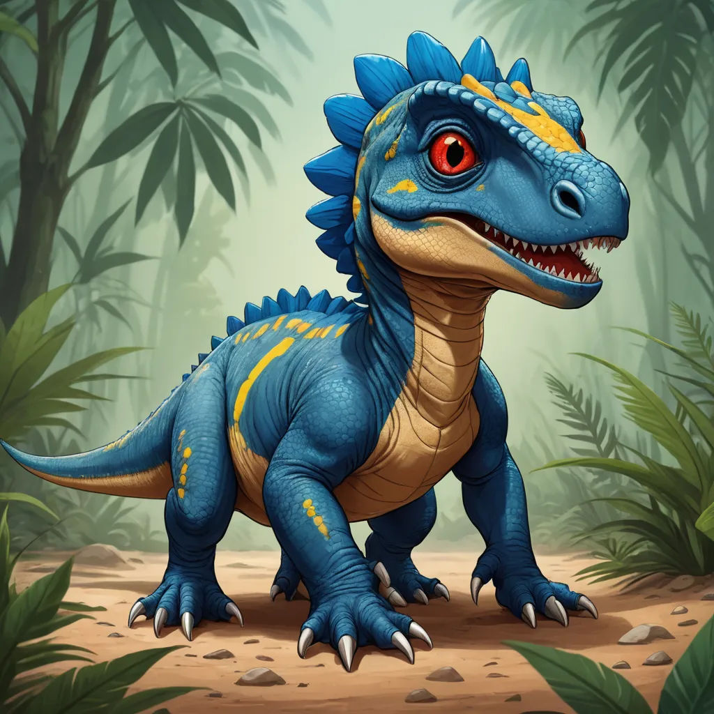 a blue dinosaur with a yellow crown standing in a jungle setting with palm trees and leaves on the ground, sots art, concept art, Adam Rex, game art