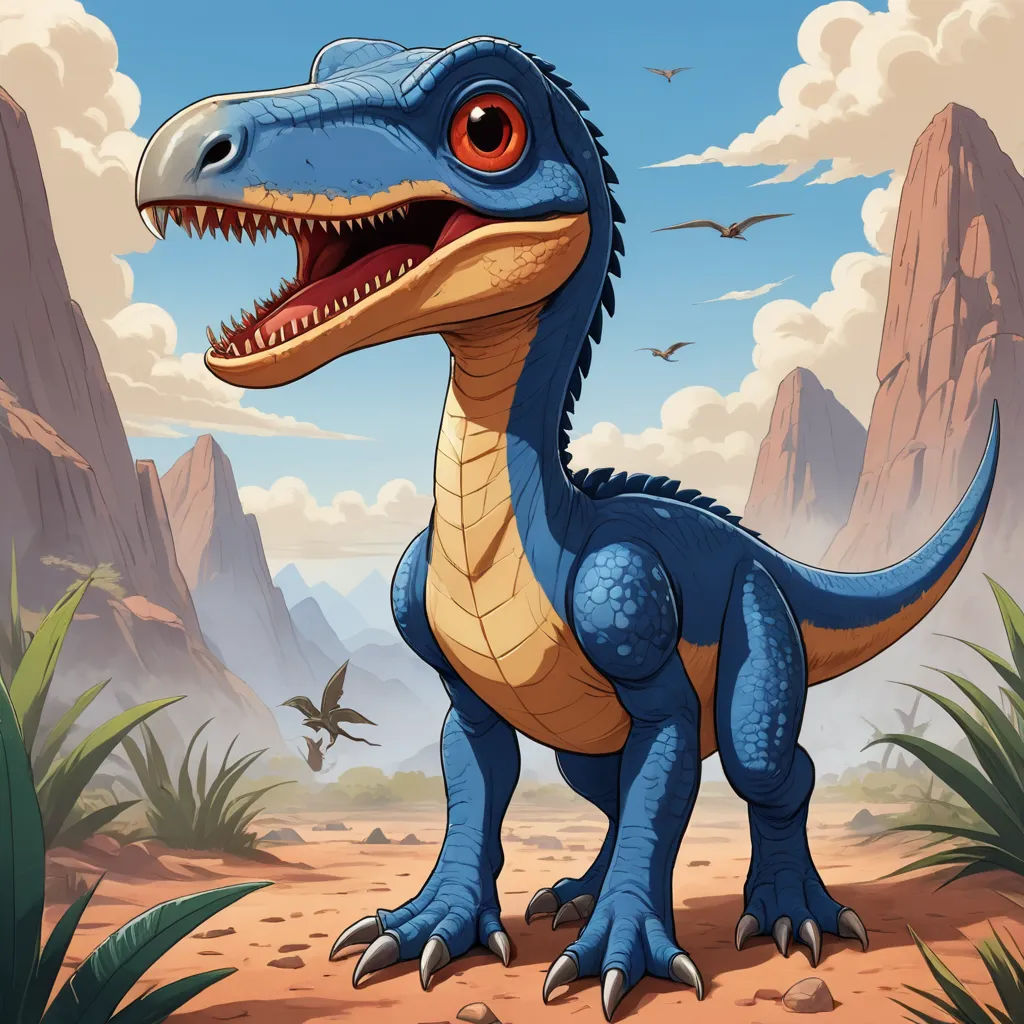 a cartoon dinosaur with a large mouth and sharp teeth standing in a desert landscape with mountains and birds in the background, altermodern, concept art, Adam Rex, magic the gathering artwork