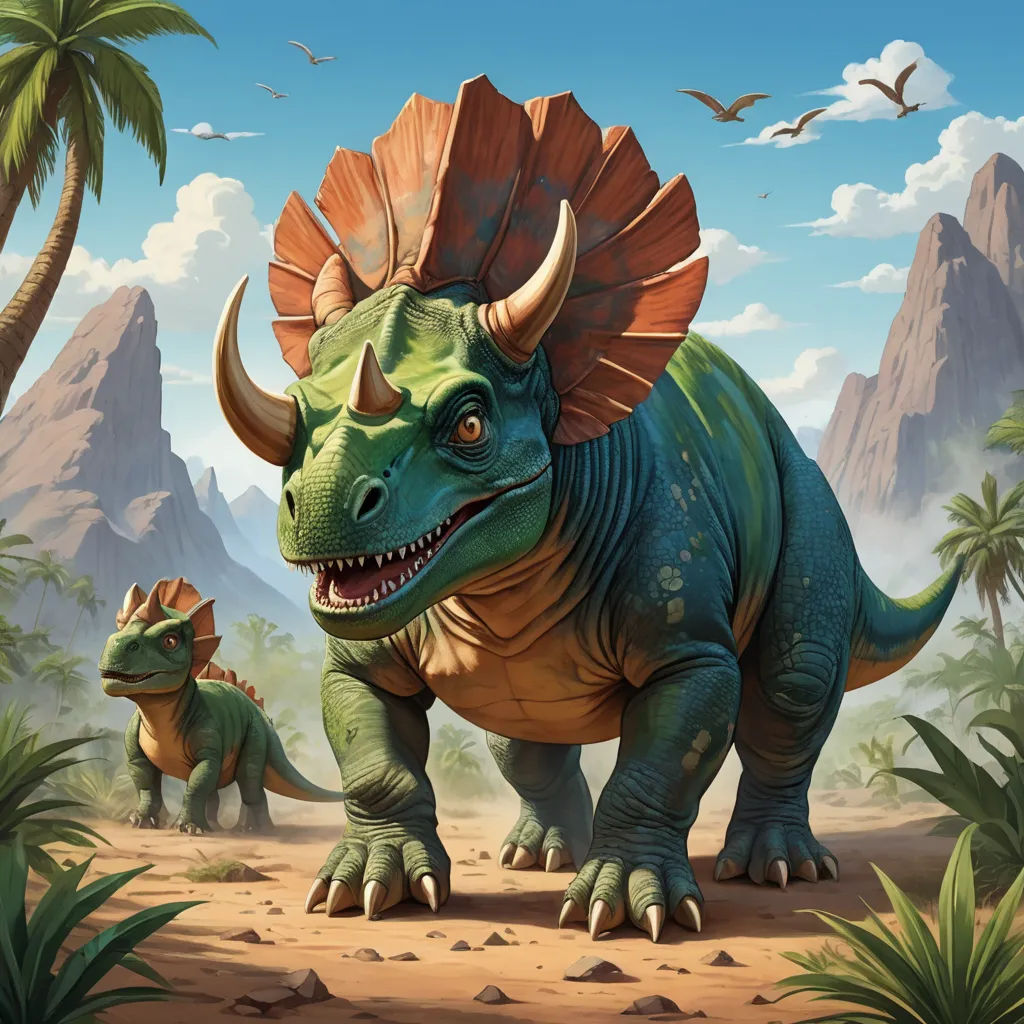 a dinosaur with a large head and a smaller one in the background with a mountain range in the background, altermodern, concept art, Adam Rex, magic the gathering artwork