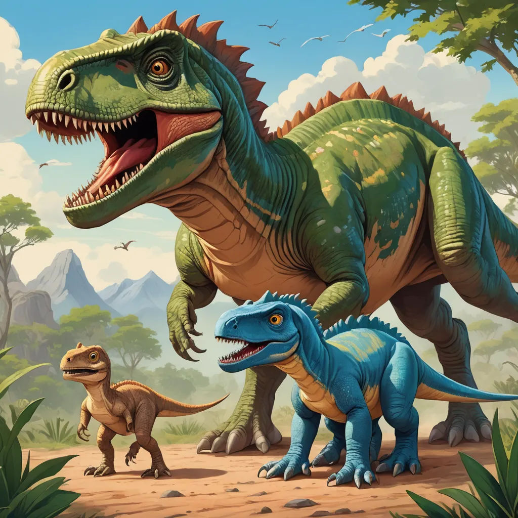 a couple of dinosaurs are walking in the dirt field together, with a mountain in the background and a sky with clouds, altermodern, concept art, Adam Rex, key art