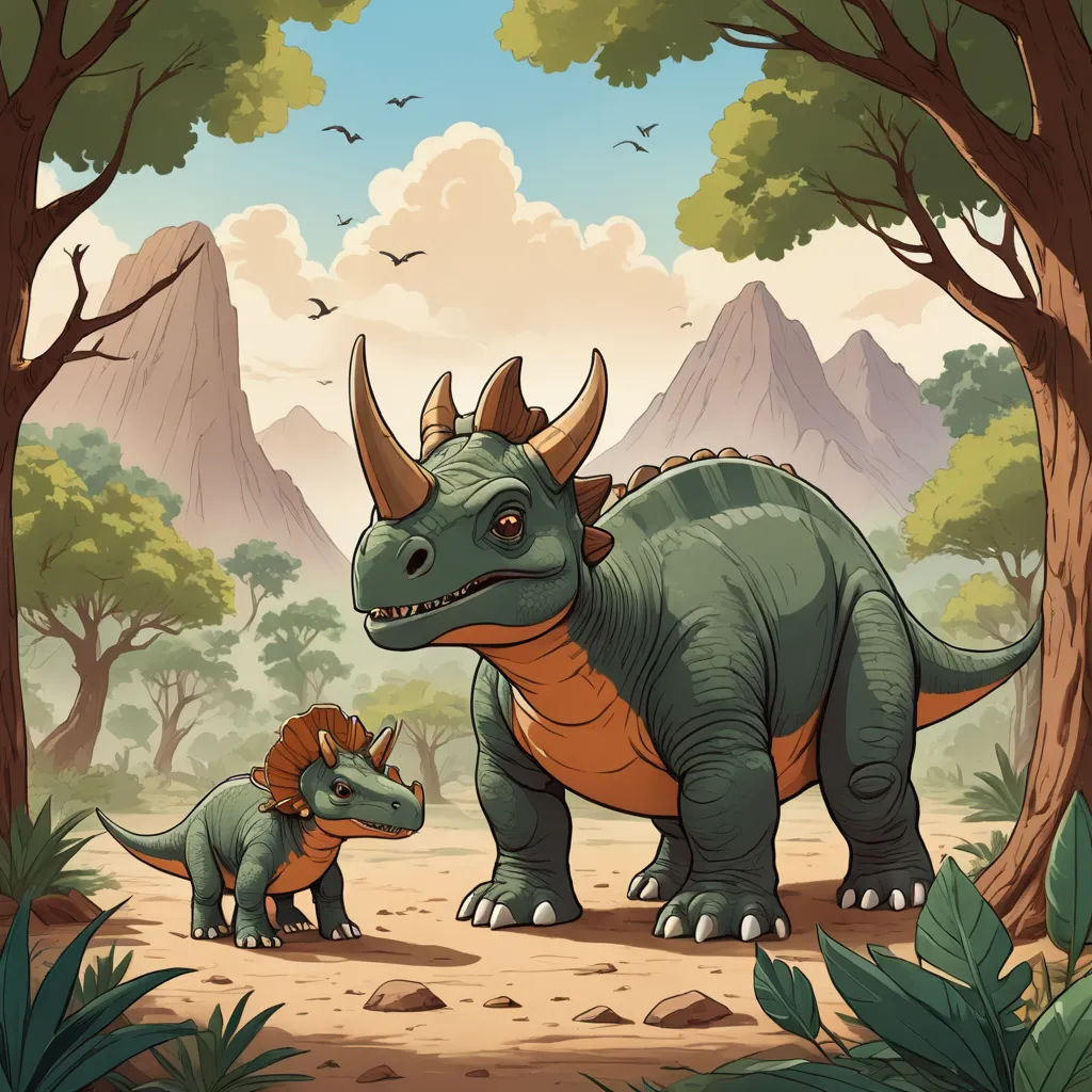 a dinosaur and a baby dinosaur in a forest with mountains in the background and birds flying overhead in the sky, lyco art, a storybook illustration, Adam Rex, storybook illustration