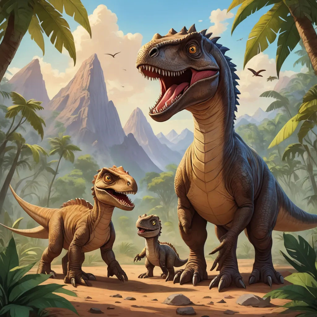 a group of dinosaurs in a jungle setting with mountains in the background and trees in the foreground, and a bird in the foreground, sots art, concept art, Adam Rex, official art
