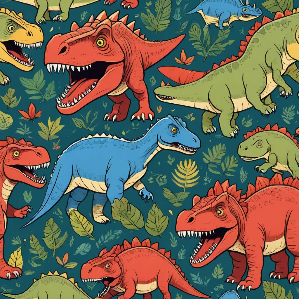 a bunch of dinosaurs that are on a blue background with leaves and plants on it, all in different colors, maximalism, a jigsaw puzzle, Adam Rex, highly detailed digital art