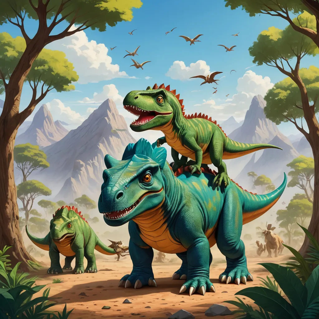 a painting of two dinosaurs in a forest with mountains in the background and birds flying overhead in the sky, altermodern, concept art, Adam Rex, magic the gathering artwork