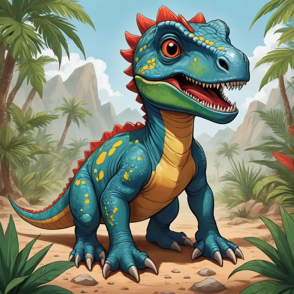 a cartoon dinosaur with a large mouth and sharp teeth in a tropical setting with palm trees and rocks and rocks, sots art, concept art, Adam Rex, game art