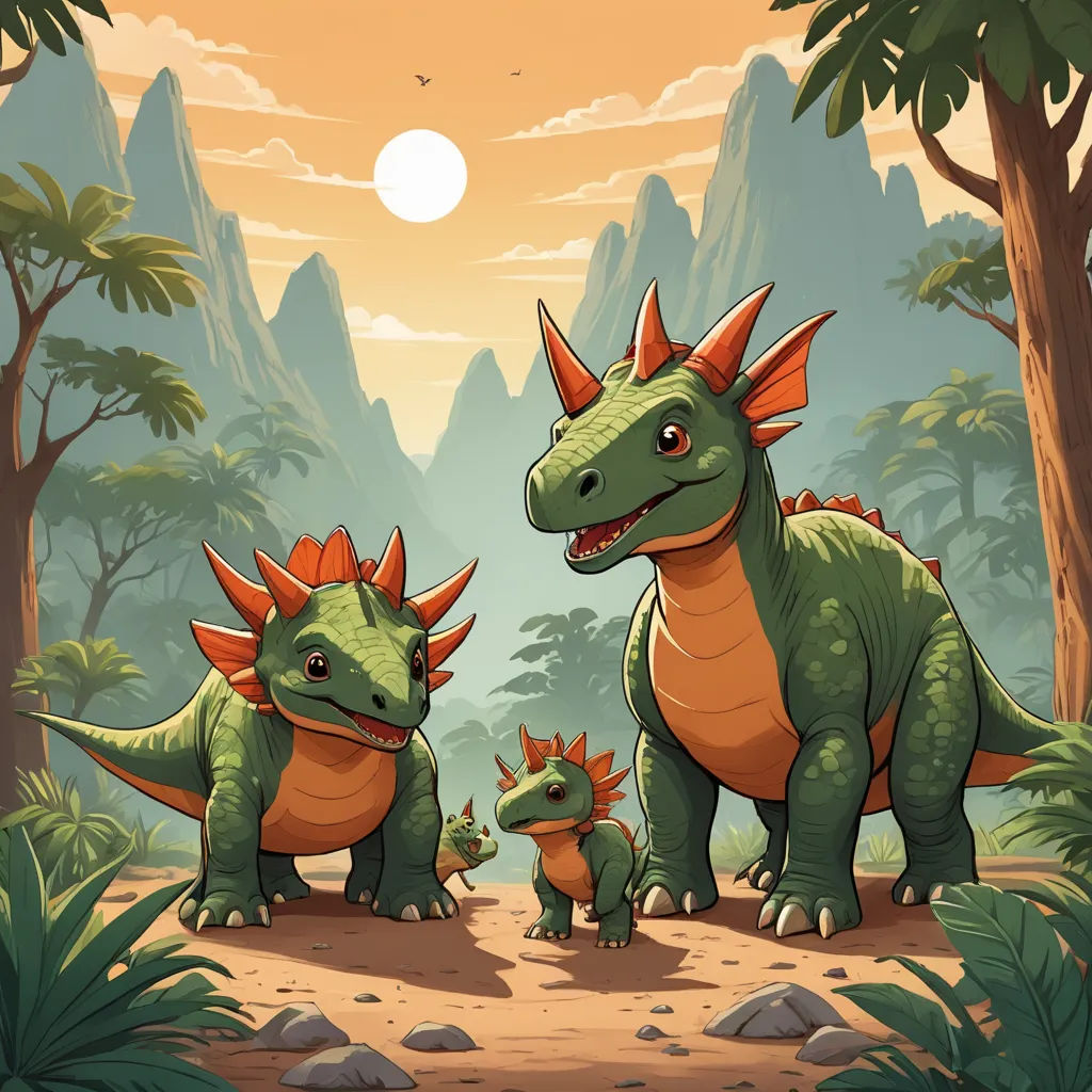 a group of dinosaurs walking through a forest with a sun in the background and mountains in the background,, lyco art, a storybook illustration, Adam Rex, game art