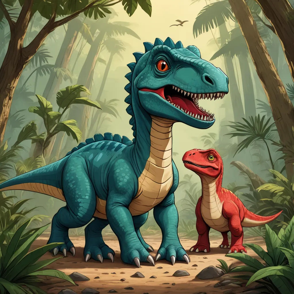 a dinosaur and a t - rex in a jungle setting with trees and birds in the background illustration by john wyee, sots art, concept art, Adam Rex, official art