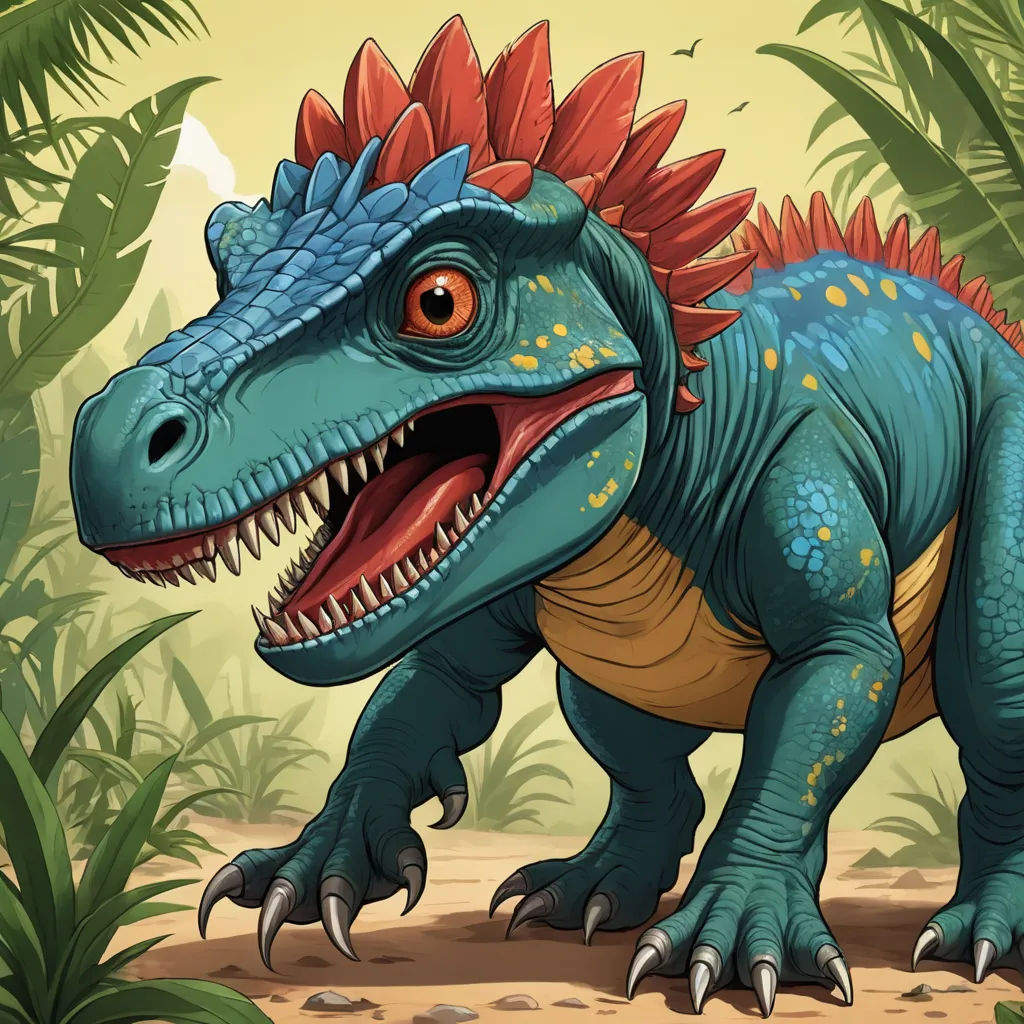 a dinosaur with a red head and orange tail standing in the jungle with palm trees and leaves around it, altermodern, an illustration of, Adam Rex, game art