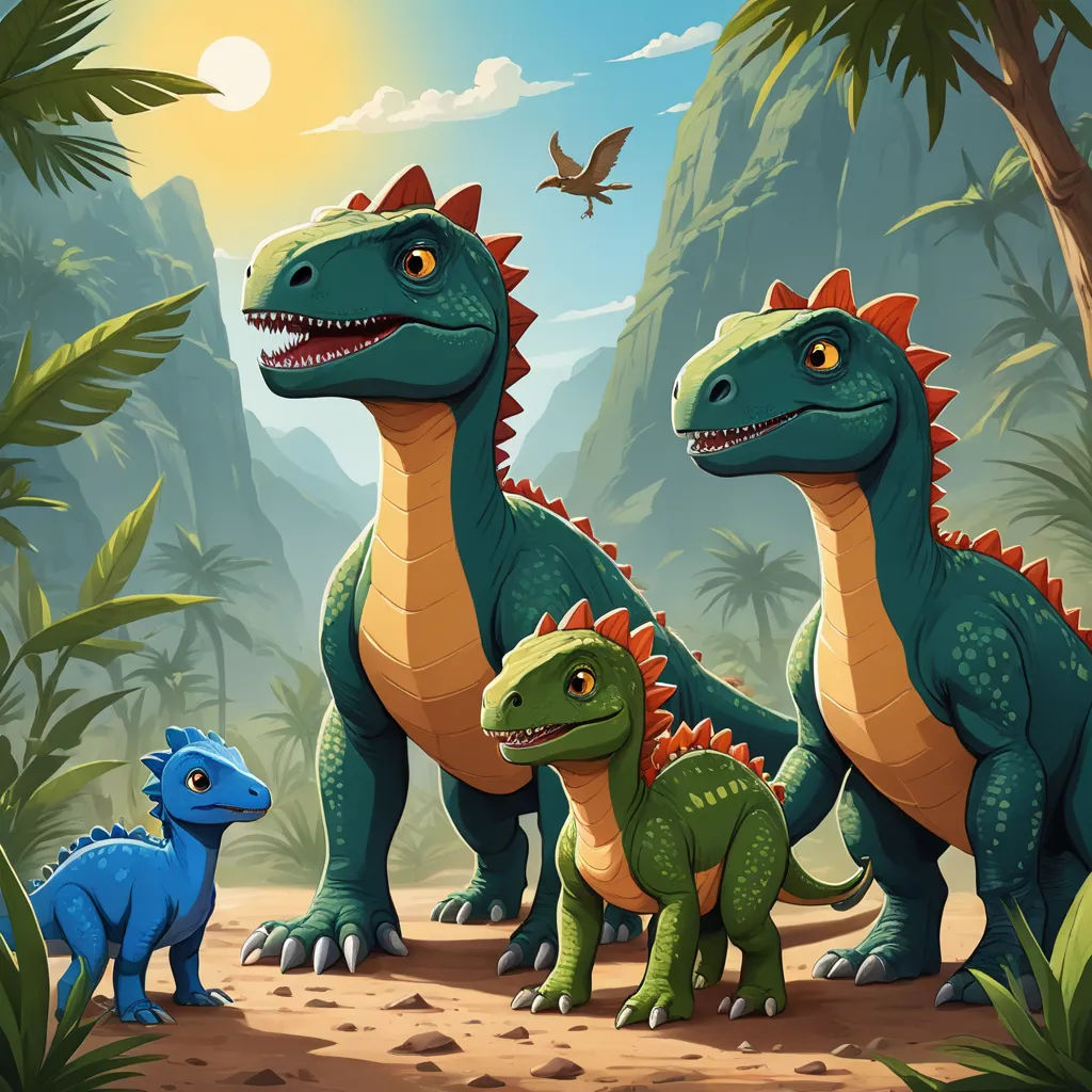 a group of dinosaurs standing in the jungle with a bird flying overhead in the background of the scene,, sots art, concept art, Adam Rex, key art