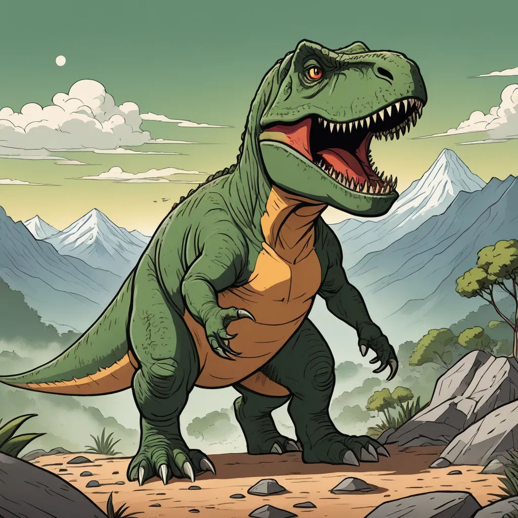 a dinosaur with a large mouth and sharp teeth standing on a rocky area with mountains in the background and clouds in the sky, altermodern, a storybook illustration, Adam Rex, rossdraws global illumination