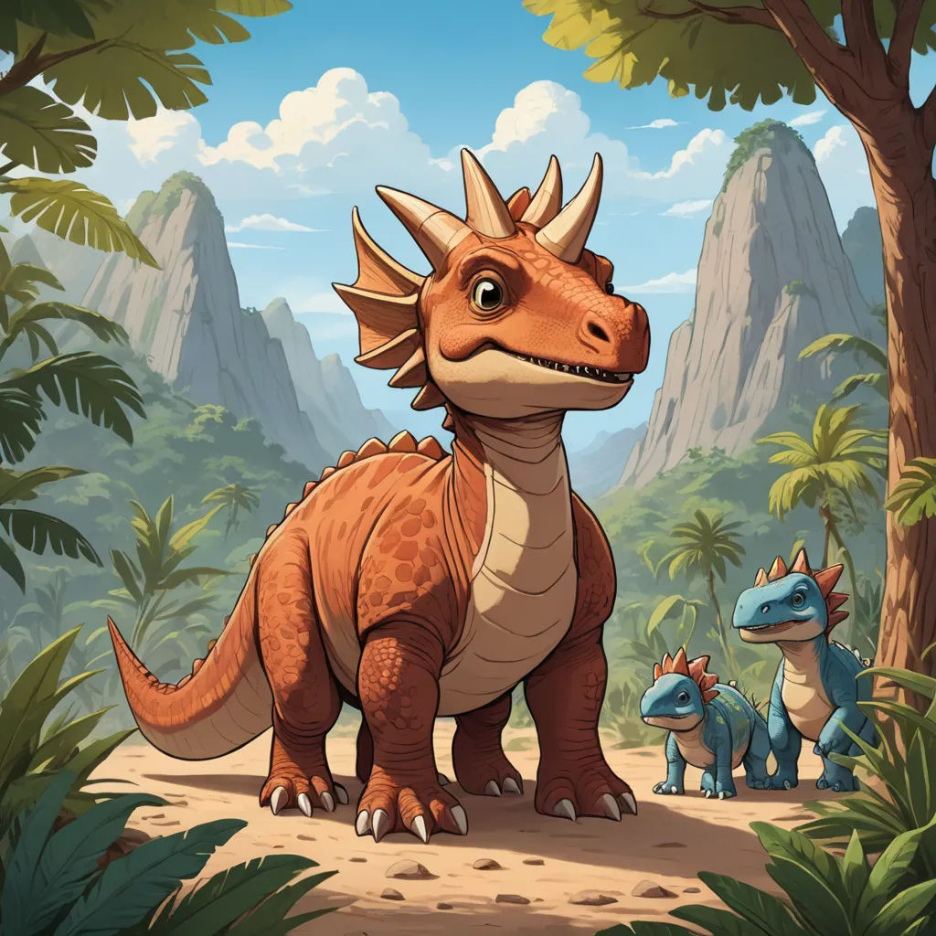 a cartoon dinosaur with two smaller dinosaurs in the background and a mountain range in the background with trees and bushes, lyco art, concept art, Adam Rex, key art