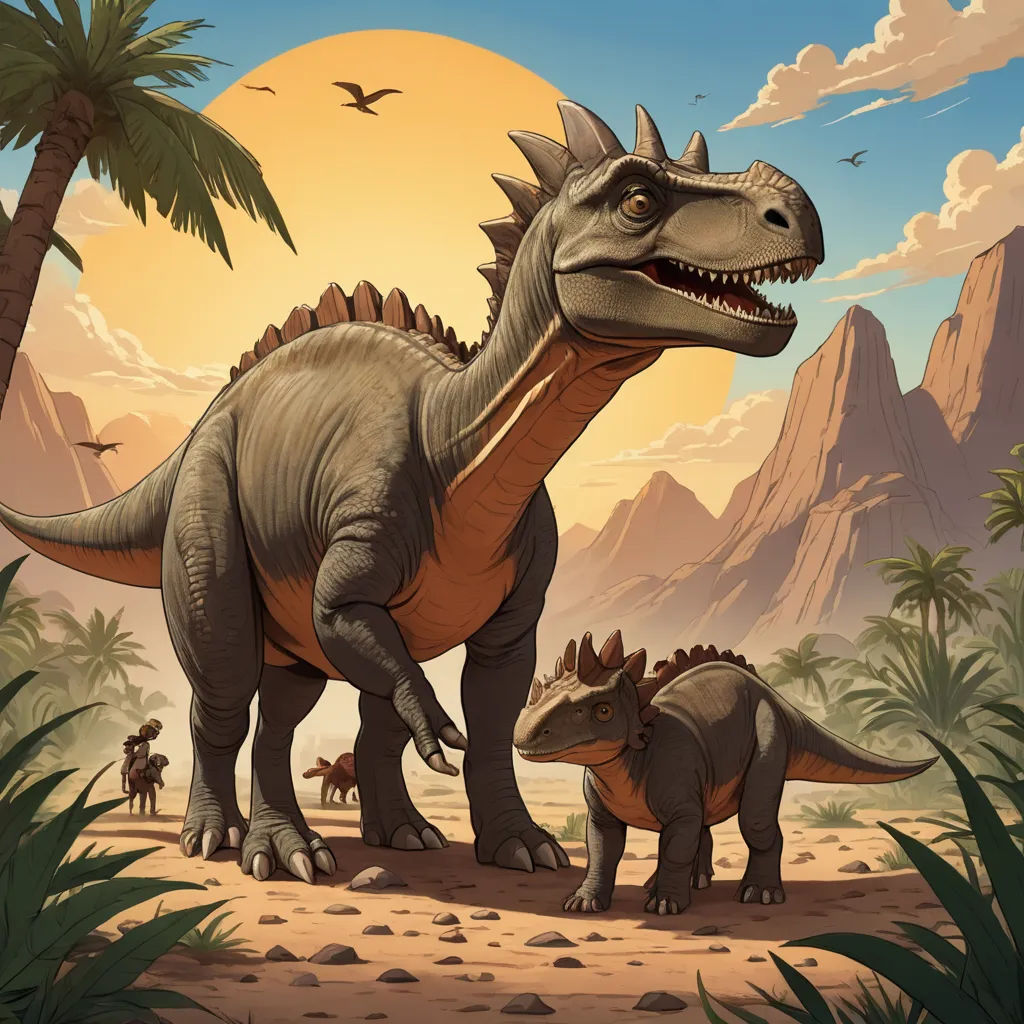 a dinosaur and a baby dinosaur in a desert scene with palm trees and mountains in the background, with a bird flying overhead, altermodern, concept art, Adam Rex, official art