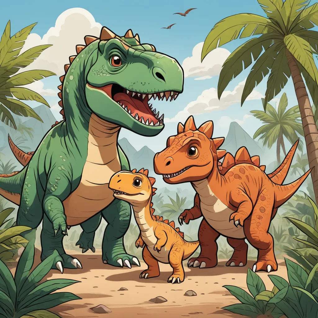 a group of dinosaurs in the jungle with palm trees and a mountain in the background illustration by alex kraut, sots art, concept art, Adam Rex, game art