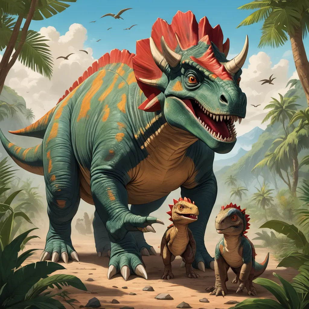 a dinosaur and a baby dinosaur in a jungle setting with palm trees and birds in the background, and a bird in the foreground, altermodern, concept art, Adam Rex, magic the gathering artwork
