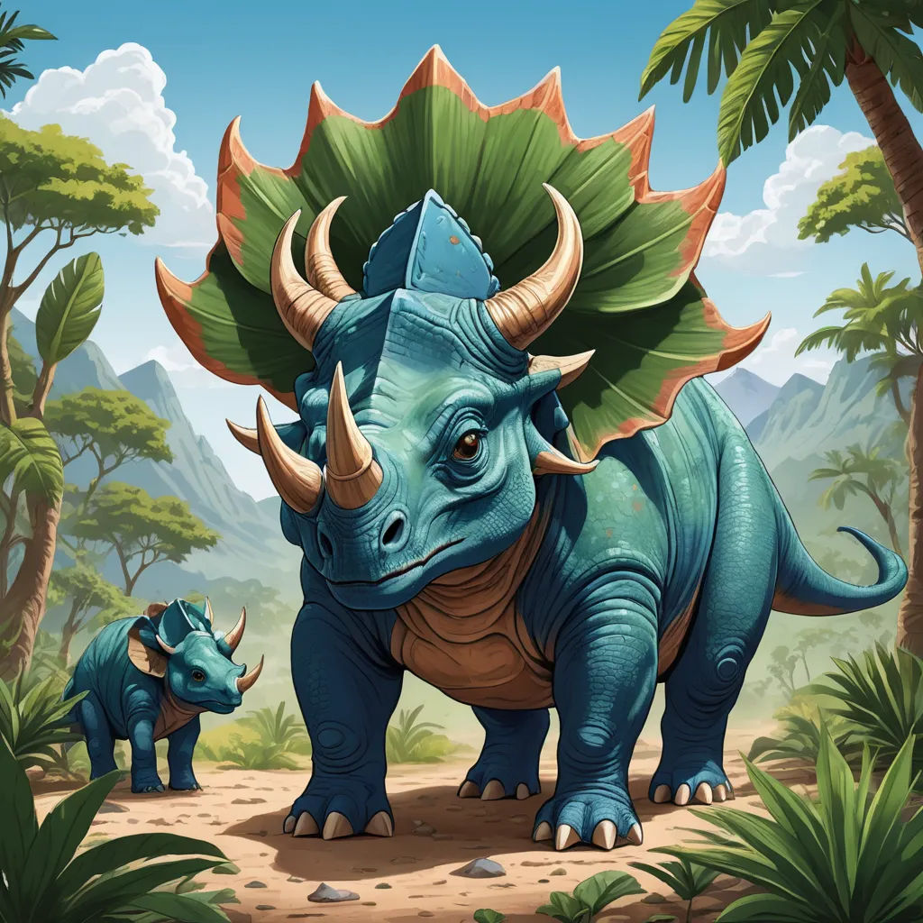 a blue dinosaur with a large green leaf on its back and two smaller blue dinosaurs in the background, with trees and mountains in the background, altermodern, a storybook illustration, Adam Rex, magic the gathering artwork