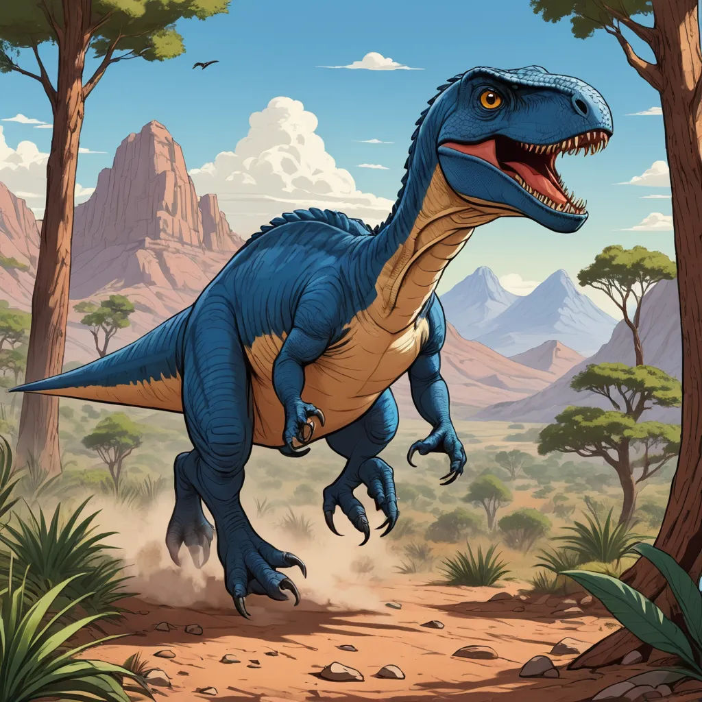 a dinosaur is running through the dirt in the wilderness with mountains in the background and trees in the foreground, lyco art, an illustration of, Adam Rex, rossdraws global illumination