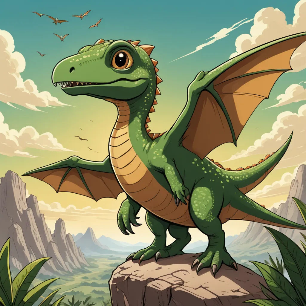 a cartoon green dragon standing on a rock in the mountains with a sky background and clouds above it, with a few birds flying overhead, fantasy art, a storybook illustration, Adam Rex, dragon art