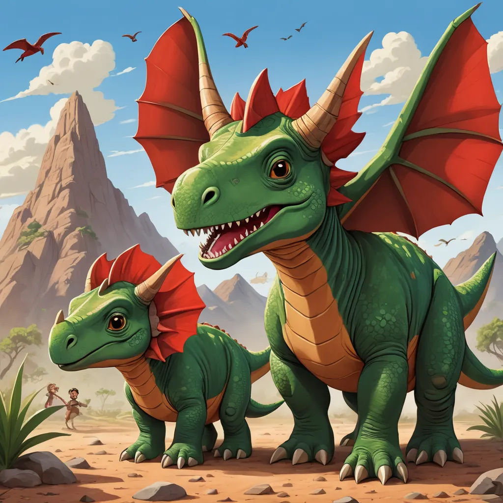 a couple of green dinosaurs standing on top of a dirt field next to a mountain range with birds flying above, lyco art, concept art, Adam Rex, dragon art