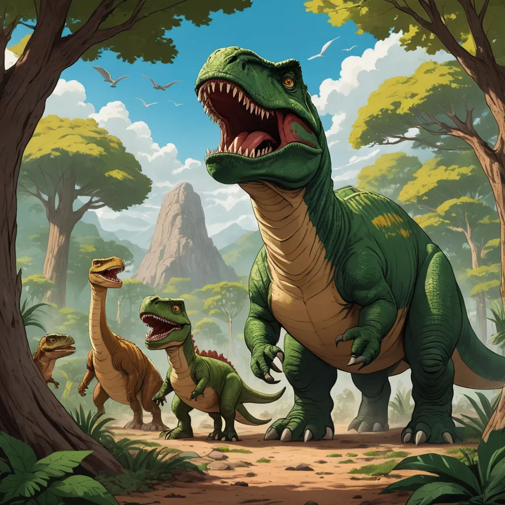 a group of dinosaurs in a forest with trees and rocks in the background, with a mountain in the background, altermodern, concept art, Adam Rex, magic the gathering artwork
