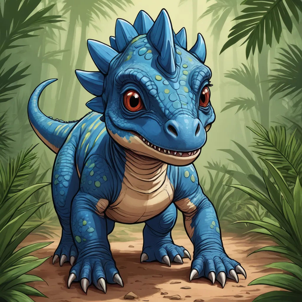 a blue dinosaur standing in the middle of a jungle with trees and plants behind it, with a red eye, lyco art, a character portrait, Adam Rex, dragon art
