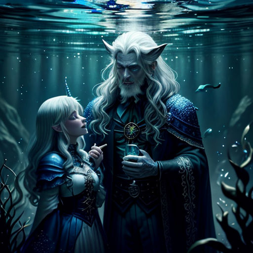 a man and a woman standing under water with a light shining on them and a moon in the background