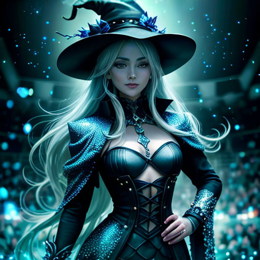 a woman in a witch costume with a hat and a long white hair and a black outfit with a blue tail