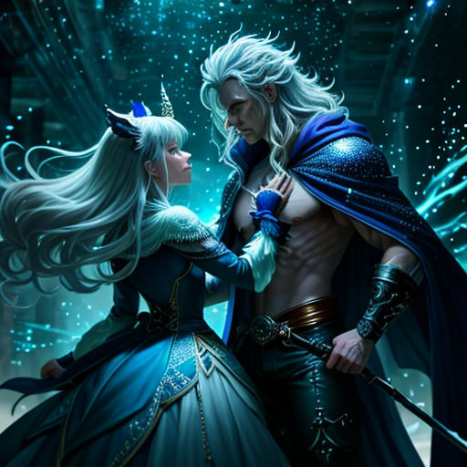 a couple of people that are standing together in a room with lights on them and one is wearing a blue dress