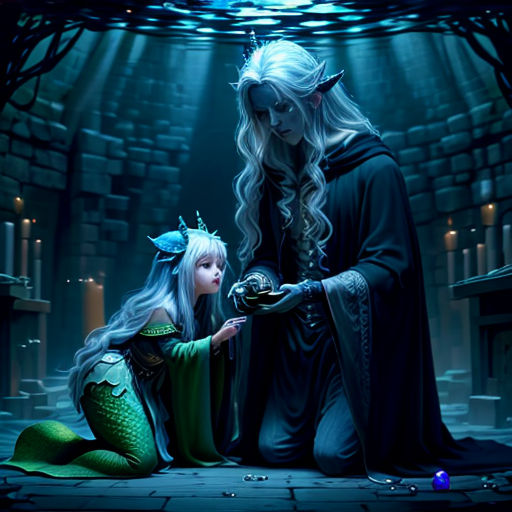 a couple of people that are sitting down together in a room with lights on them and a mermaid in the background