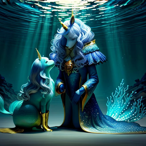 a couple of mermaids sitting next to a unicorn under water with a light shining on them and a fish