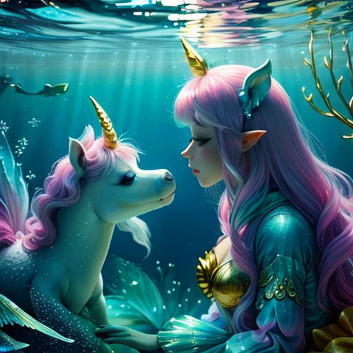 a mermaid and a unicorn are sitting under the water together, with a fish in the foreground and a fish in the background