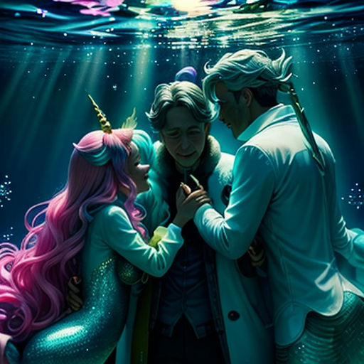 a man and woman are under the water with a mermaid tail and a unicorn tail on their head,