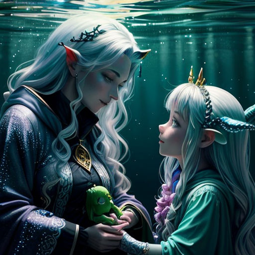a painting of a couple of people under water with a fish in their hands and a frog in their hand