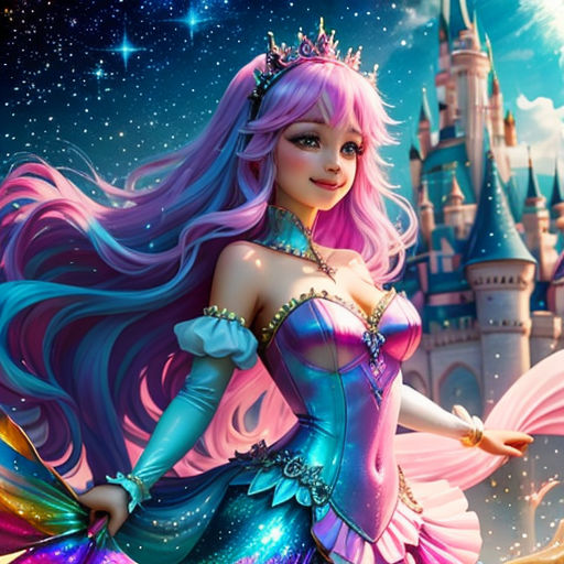 a beautiful princess with long pink hair and a tiara in front of a castle with stars and a moon