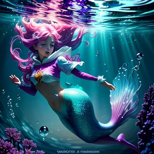 a mermaid with pink hair and a tail swimming in the ocean with bubbles and bubbles around her, and bubbles around her