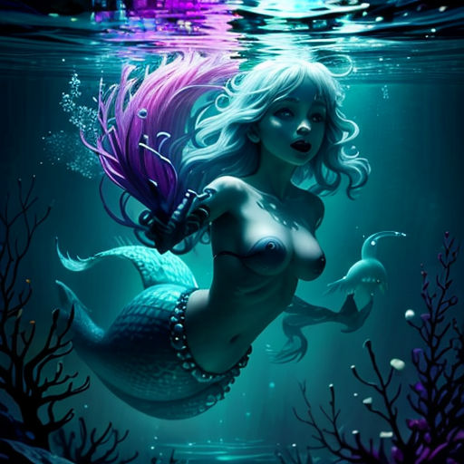 a mermaid with purple hair swimming in the ocean with a purple tail and pearls on her head and a purple tail