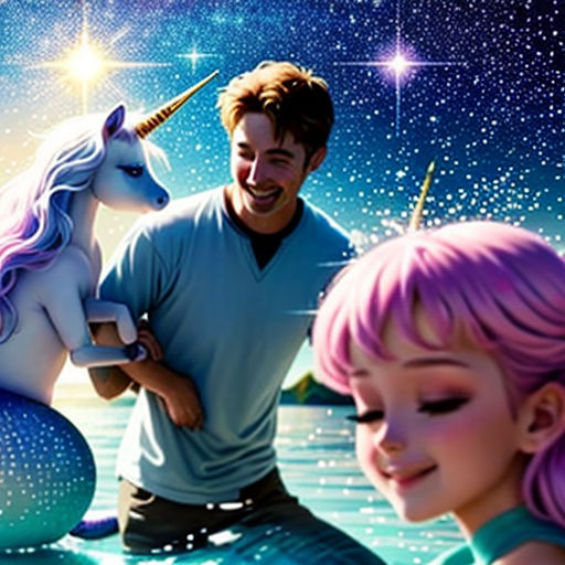 a man and a woman are sitting on a rock with a unicorn on it and a man is standing next to them