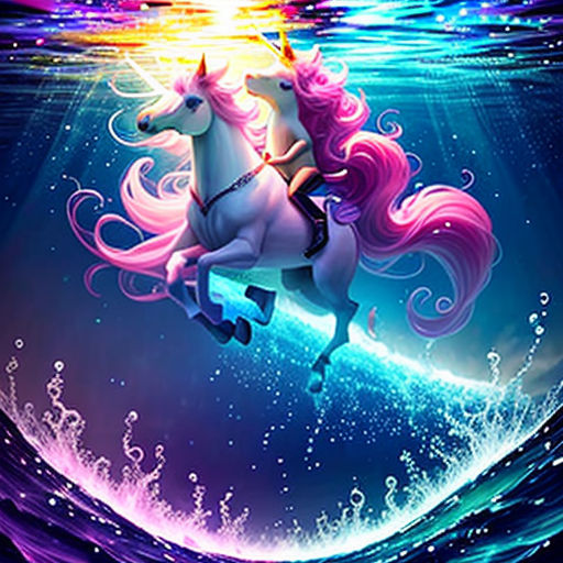 a unicorn riding on the back of a white horse under water with a rainbow colored sky behind it and a rainbow colored wave